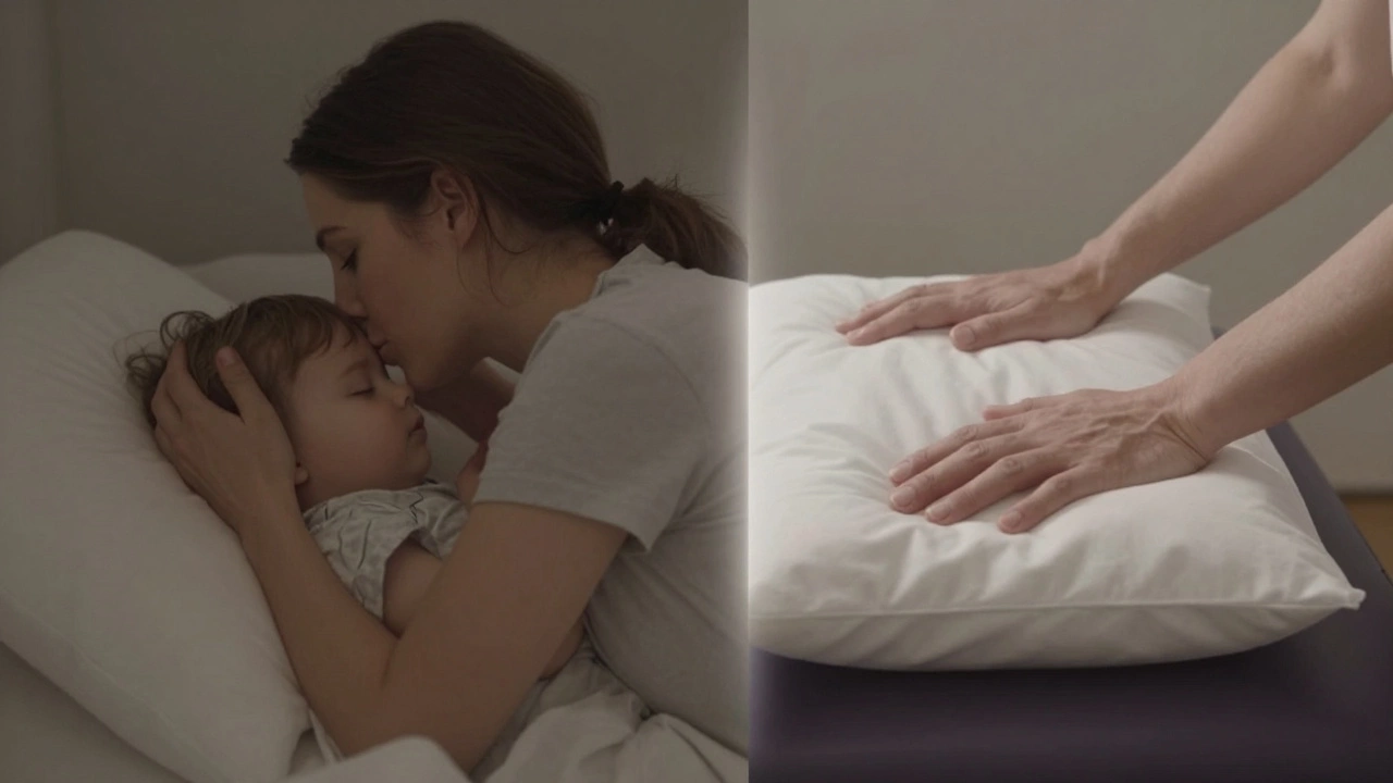 A split-image of a mother tucking in her child and her hands preparing a massage table, symbolizing her dual life of care and professionalism.