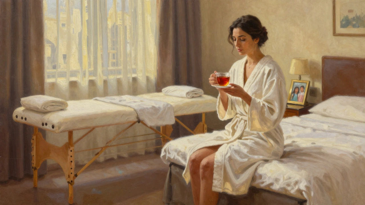 A woman in a hotel room in Dubai, sitting calmly with tea beside a massage table, a photo of her children on the nightstand.