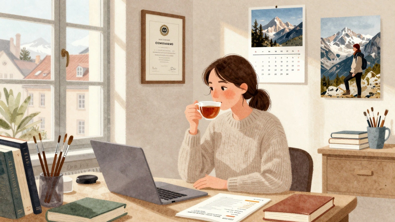 An independent woman in Lyon works at her studio desk surrounded by books, art supplies, and a calendar marked with appointments.