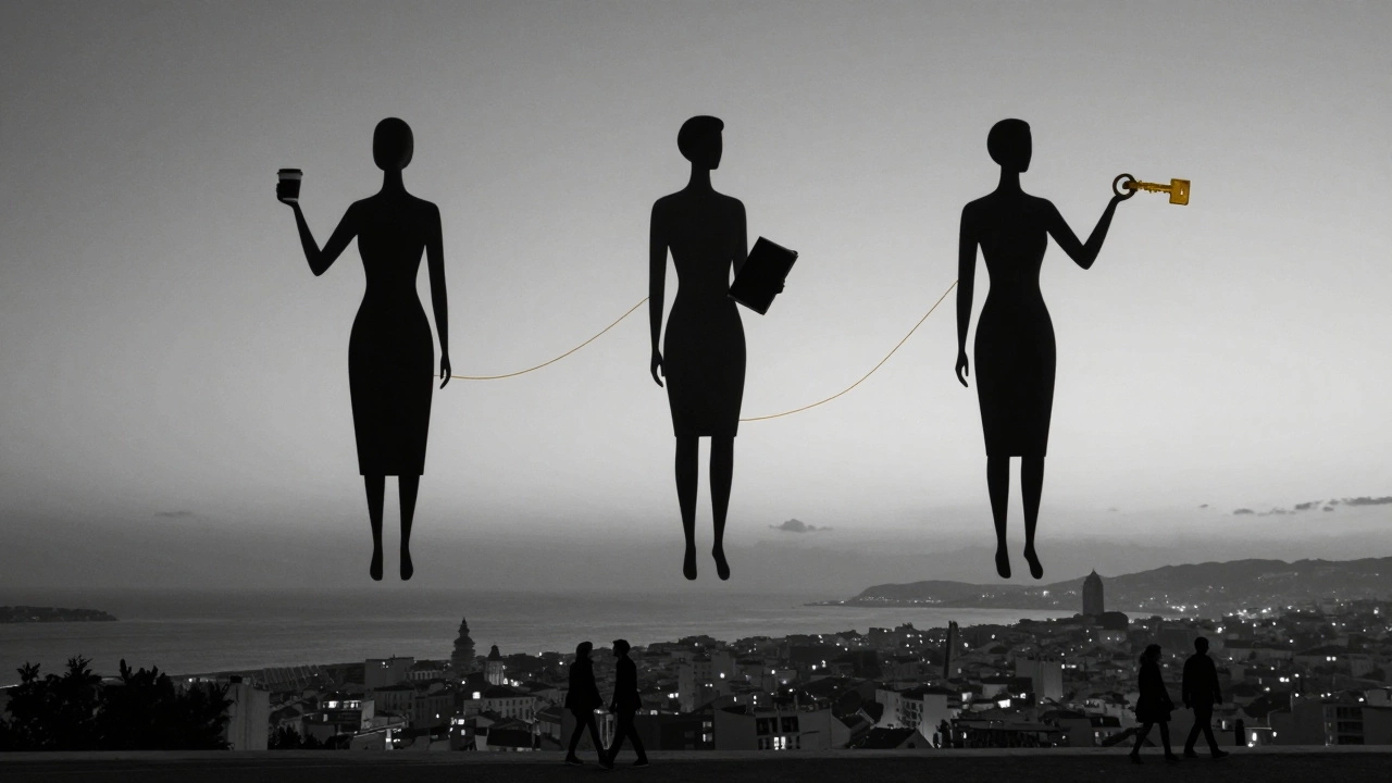 Three abstract figures float above Marseille at twilight, connected by a golden thread, symbolizing human connection without physical form.